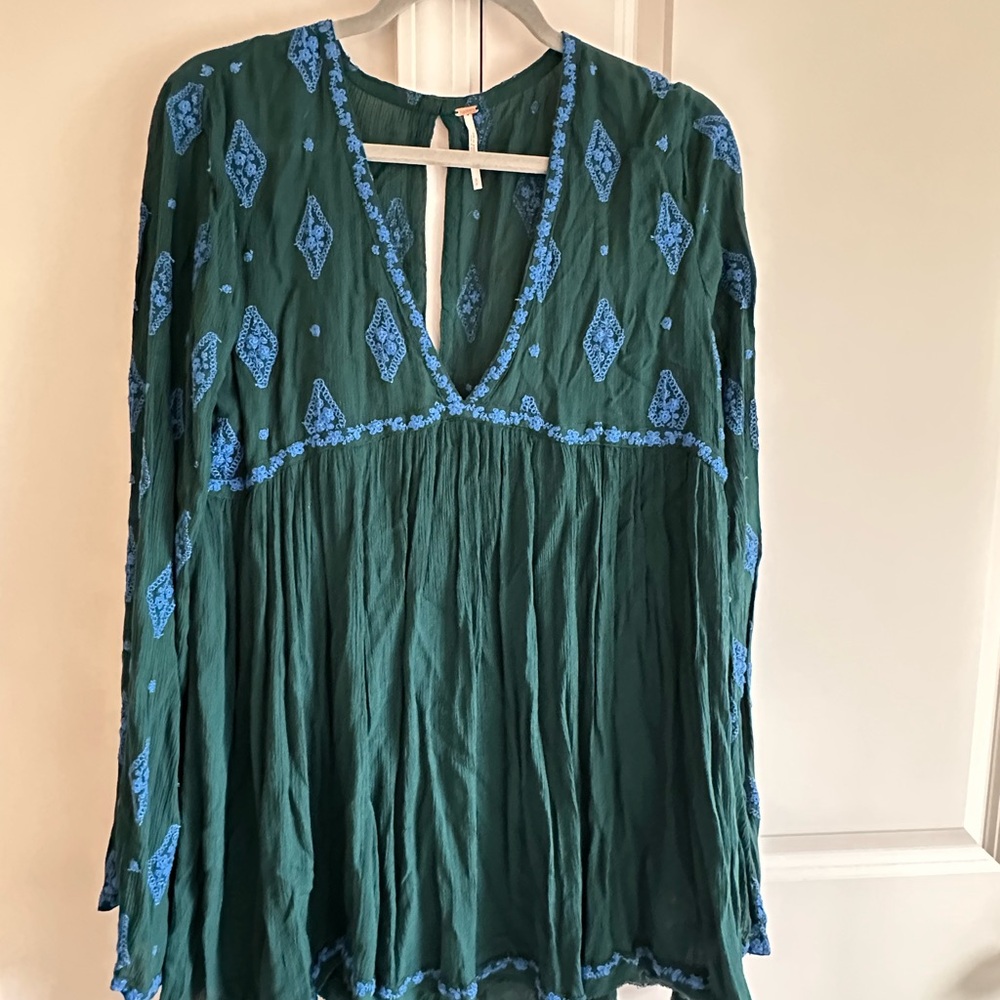 Free People Green and Blue Boho Tunic Top